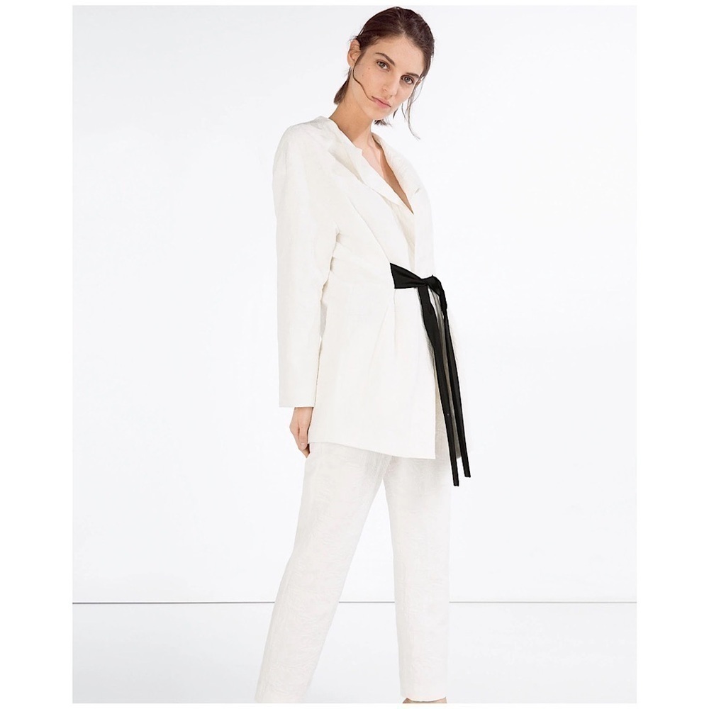 ZARA-WHITE With Black Black Tie Kimono Blazer Jacket (Size: Medium)
